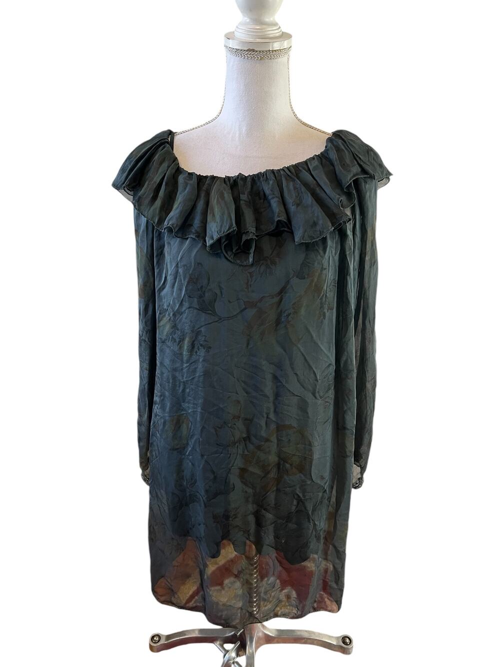 Tempo Paris Silk Chiffon Babydoll Dress Dark Floral Print L